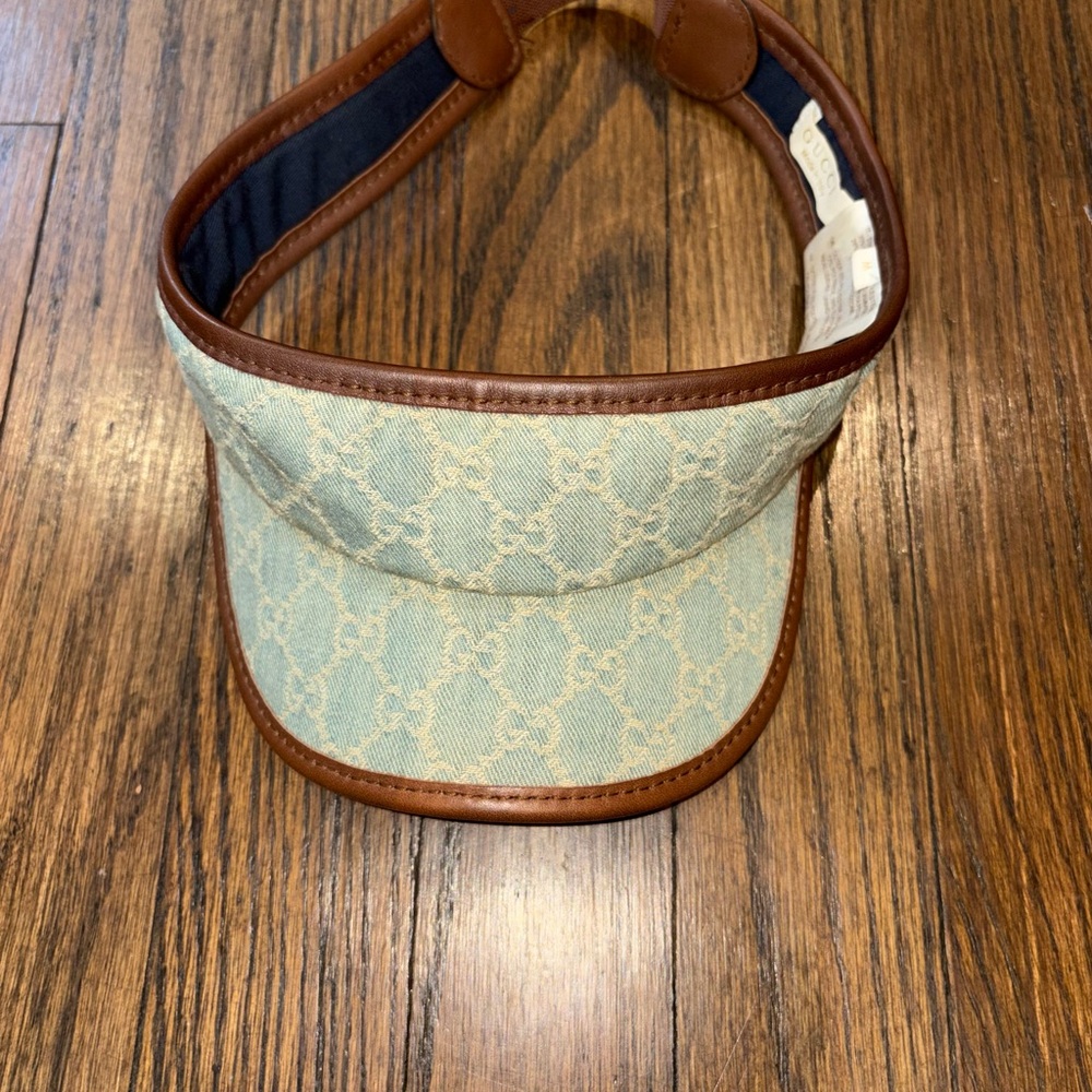 Gucci Light Blue Denim Visor with Brown Leather Trim for kids